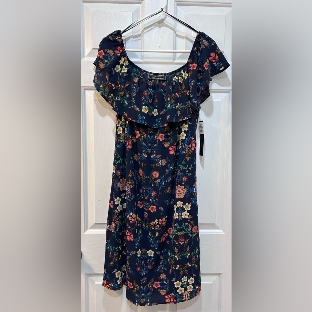 NWT Off Shoulder Flounce Dress Sleeveless Navy Floral Ruffle‎ Bust Women Size L
